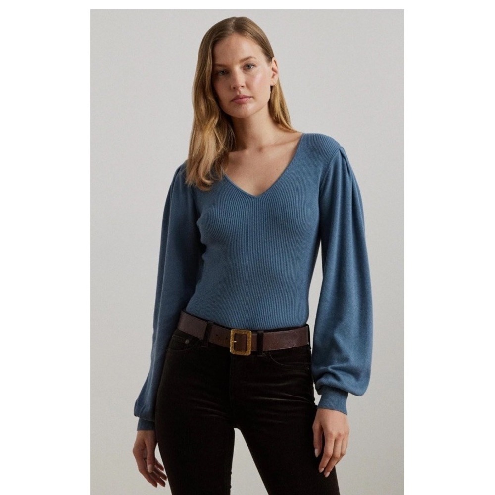 Lauren Ralph Lauren  XL V-Neck Blouson-sleeve Sweater Blue Dusk 125 NWT